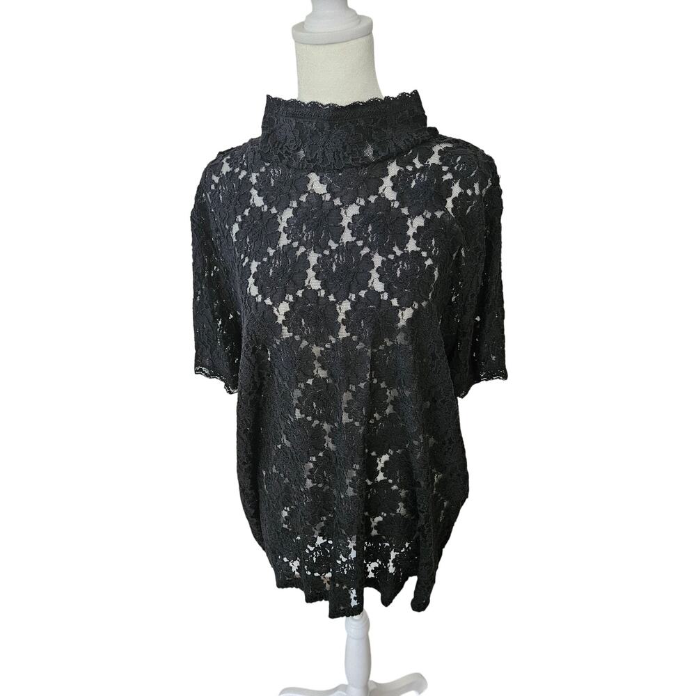 Lauren Ralph Lauren Black Lace Mock Neck Top - Size 2X